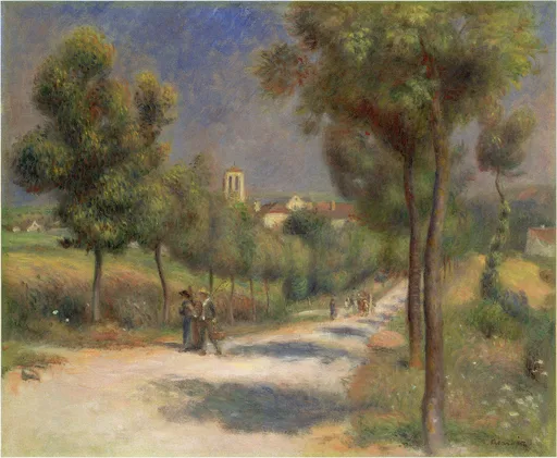 A road lined with tall trees leads toward a distant village church tower, small figures walking under a deep blue morning sky.