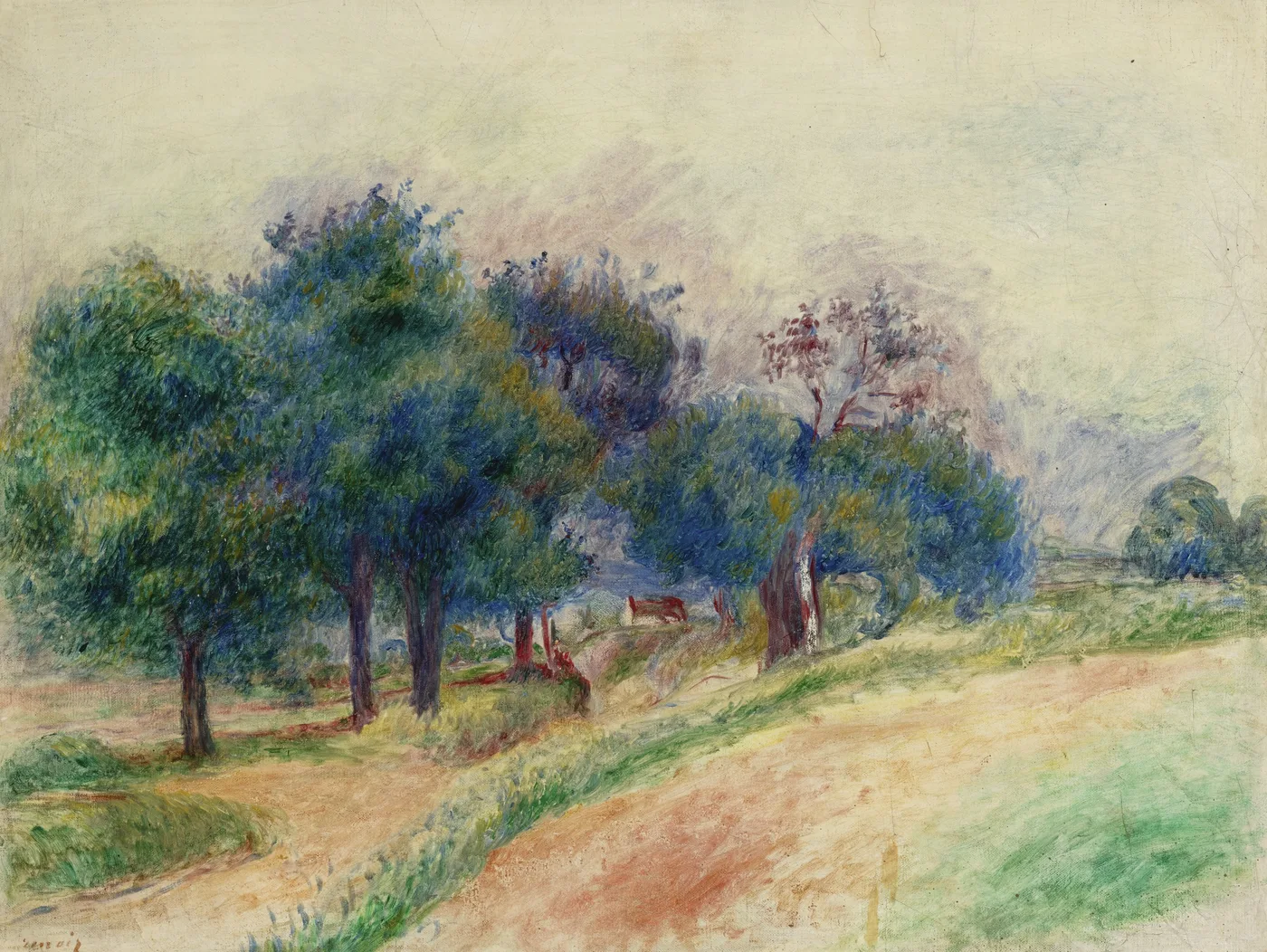 A line of trees in blue-green tones borders a dirt path beneath a pale hazy sky, a farm building in the distance.