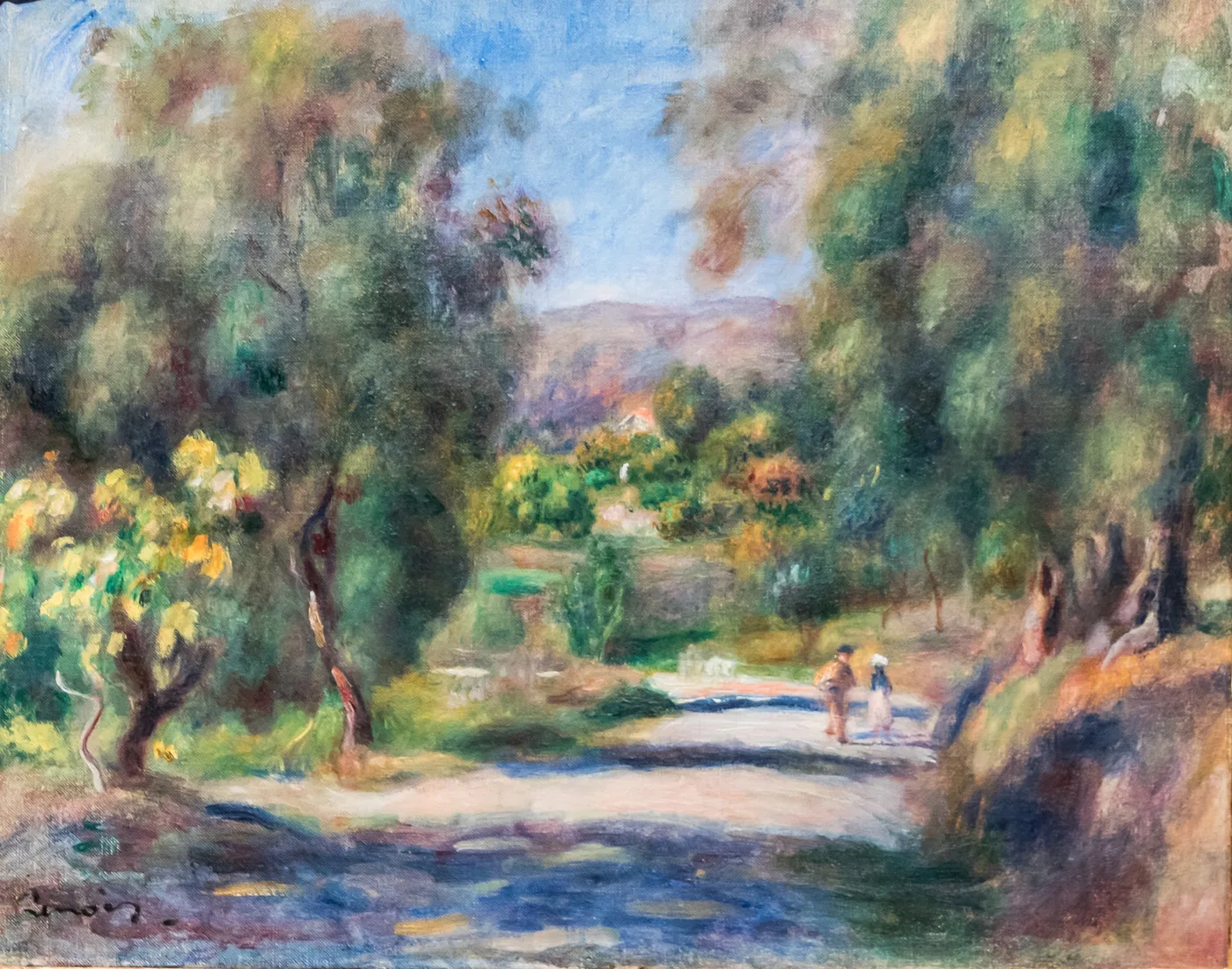 Two small figures walk a sunlit country road between tall trees toward distant southern hills, in green, gold, and dusty pink.