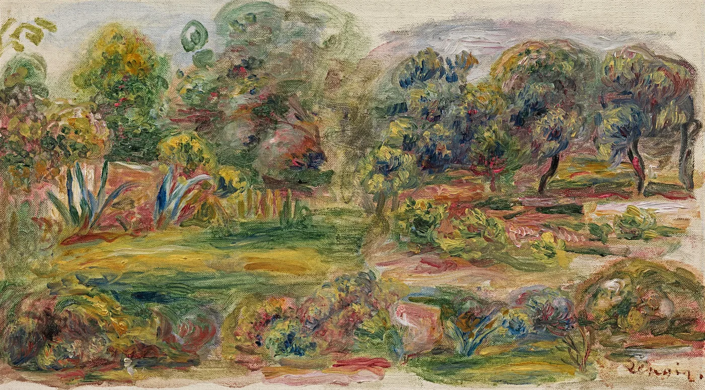 A lush garden of agave plants and colourful flowering trees opens along a path, beneath a muted lavender sky.