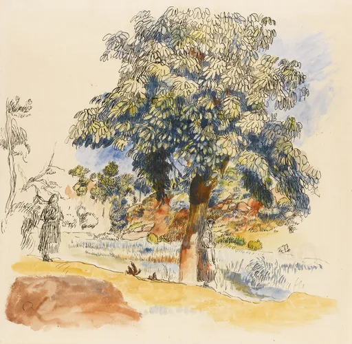 A pen and watercolour sketch shows a large flowering tree in detailed ink, small robed figures walking below.