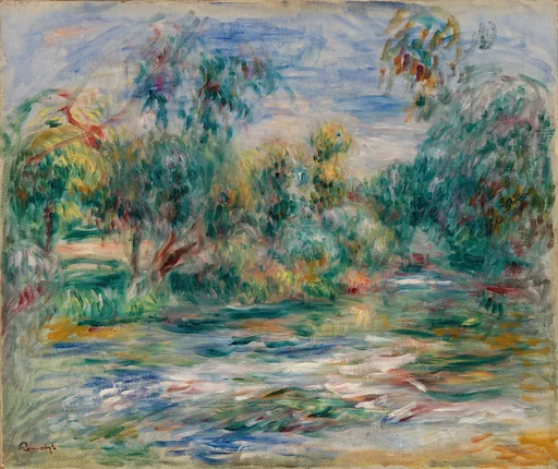 A pond bordered by dense trees reflects shimmering green and orange hues beneath a pale blue sky.