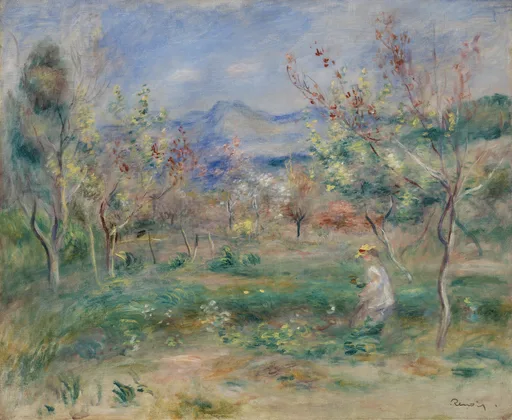 Sparse orchard trees frame a meadow where a small figure in a white dress and yellow hat stands, blue mountains beyond.