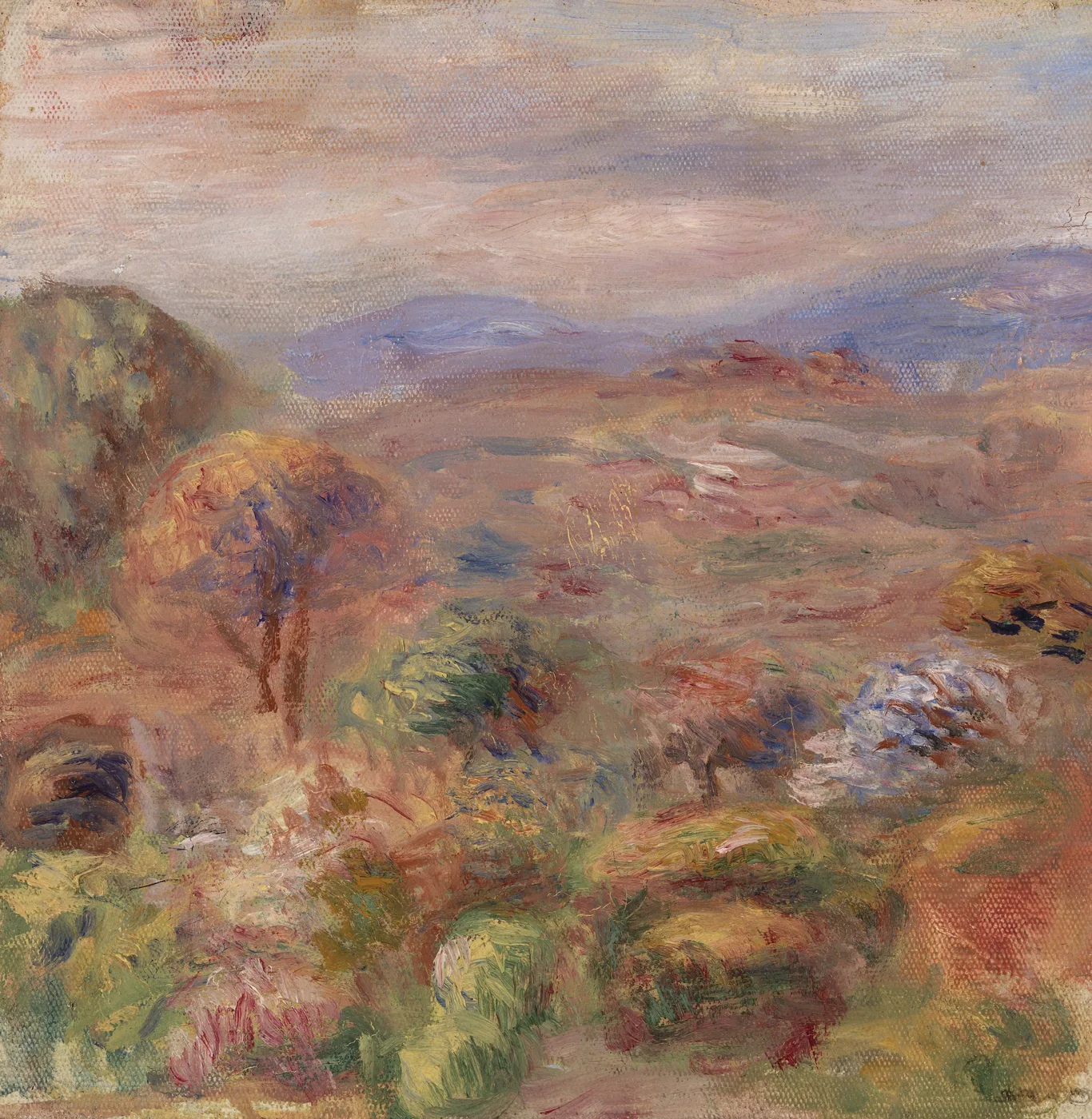 A hazy hillside view in ochre, russet and lavender stretches toward distant blue mountains, seen from a height.