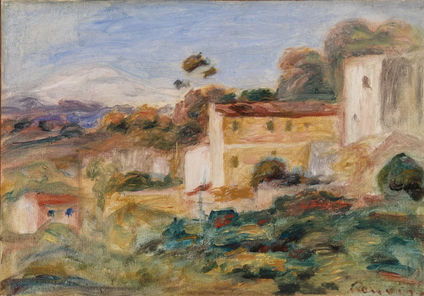 An ochre farmhouse with a red-tiled roof stands beside a white tower, a distant mountain rising behind green foliage.
