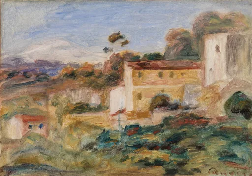 An ochre farmhouse with a red-tiled roof stands beside a white tower, a distant mountain rising behind green foliage.