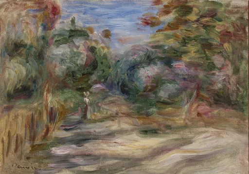 A shaded road curves between dense trees, small figures walking along the path beneath a patch of blue sky.