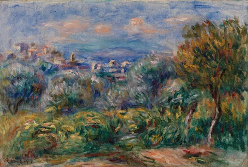 A hilltop village with a bell tower rises beyond dense green shrubs under a blue sky streaked with peach clouds.