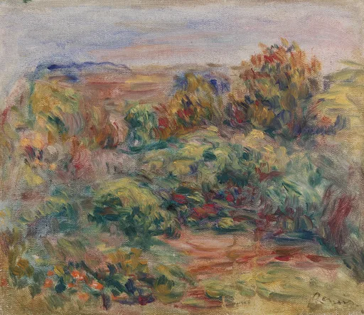 Rolling shrubland in autumnal green and gold bushes stretches toward distant blue hills, with no figures.