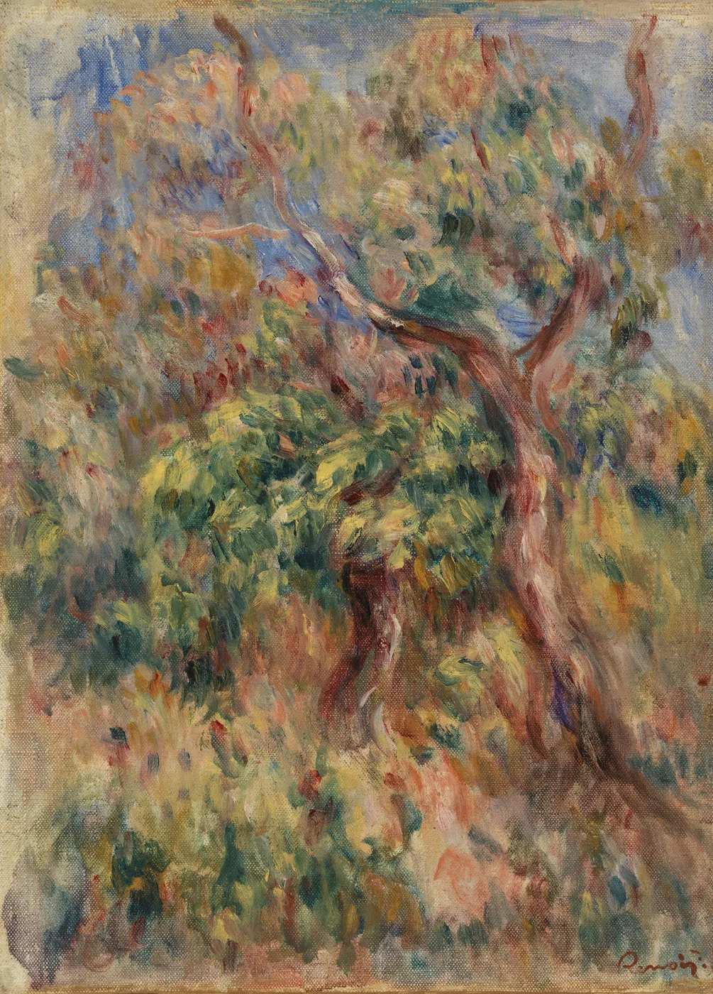 A gnarled reddish-brown tree trunk rises through dense green and gold foliage, blue sky glimpsed through the leaves.