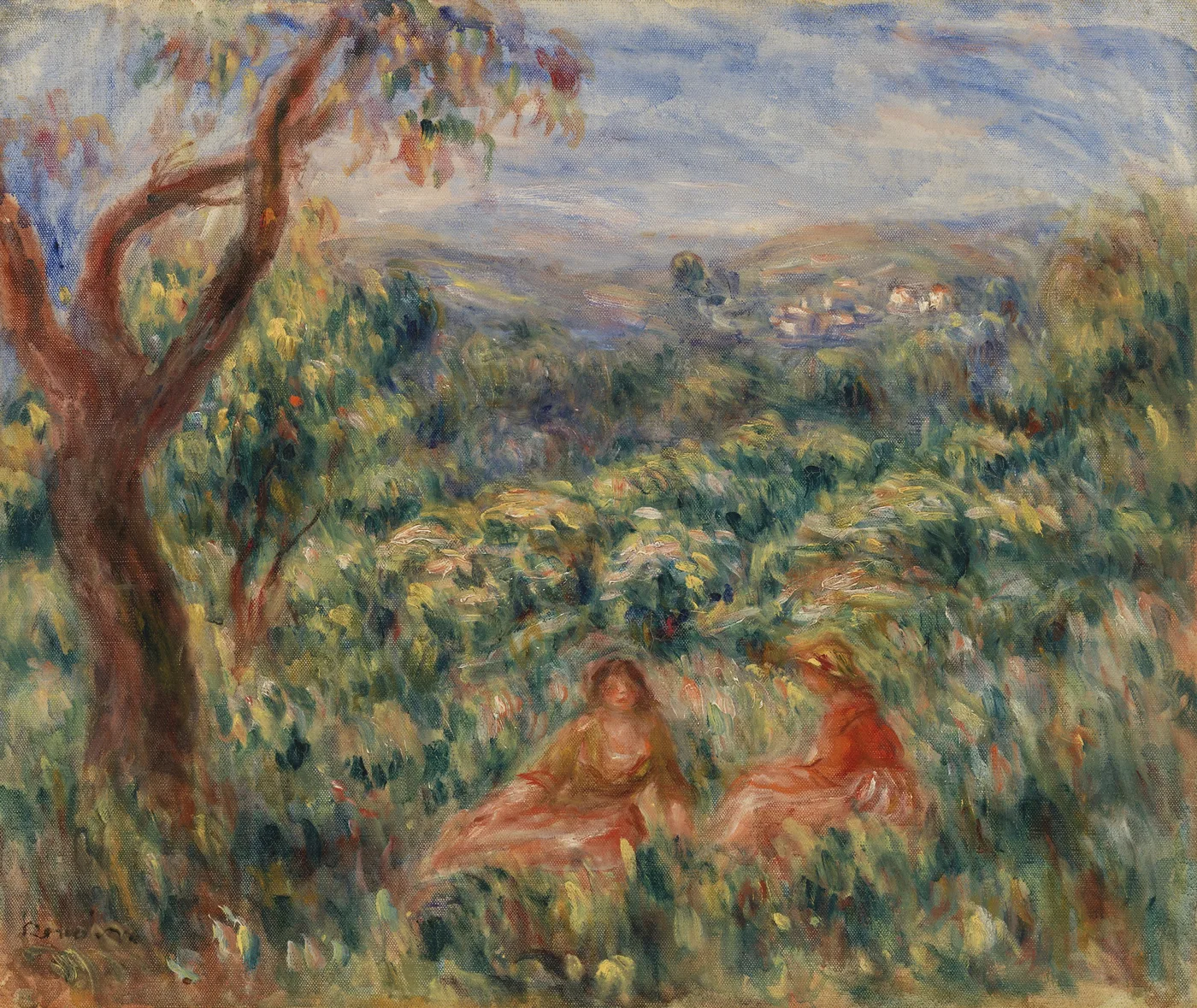 Two women in orange and red dresses sit in a lush green hillside meadow beside a gnarled tree, a village in the distance.