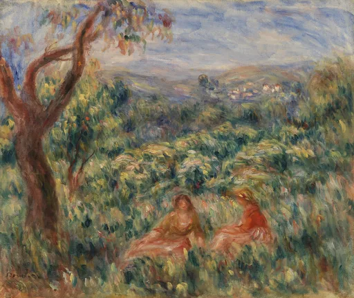 Two women in orange and red dresses sit in a lush green hillside meadow beside a gnarled tree, a village in the distance.