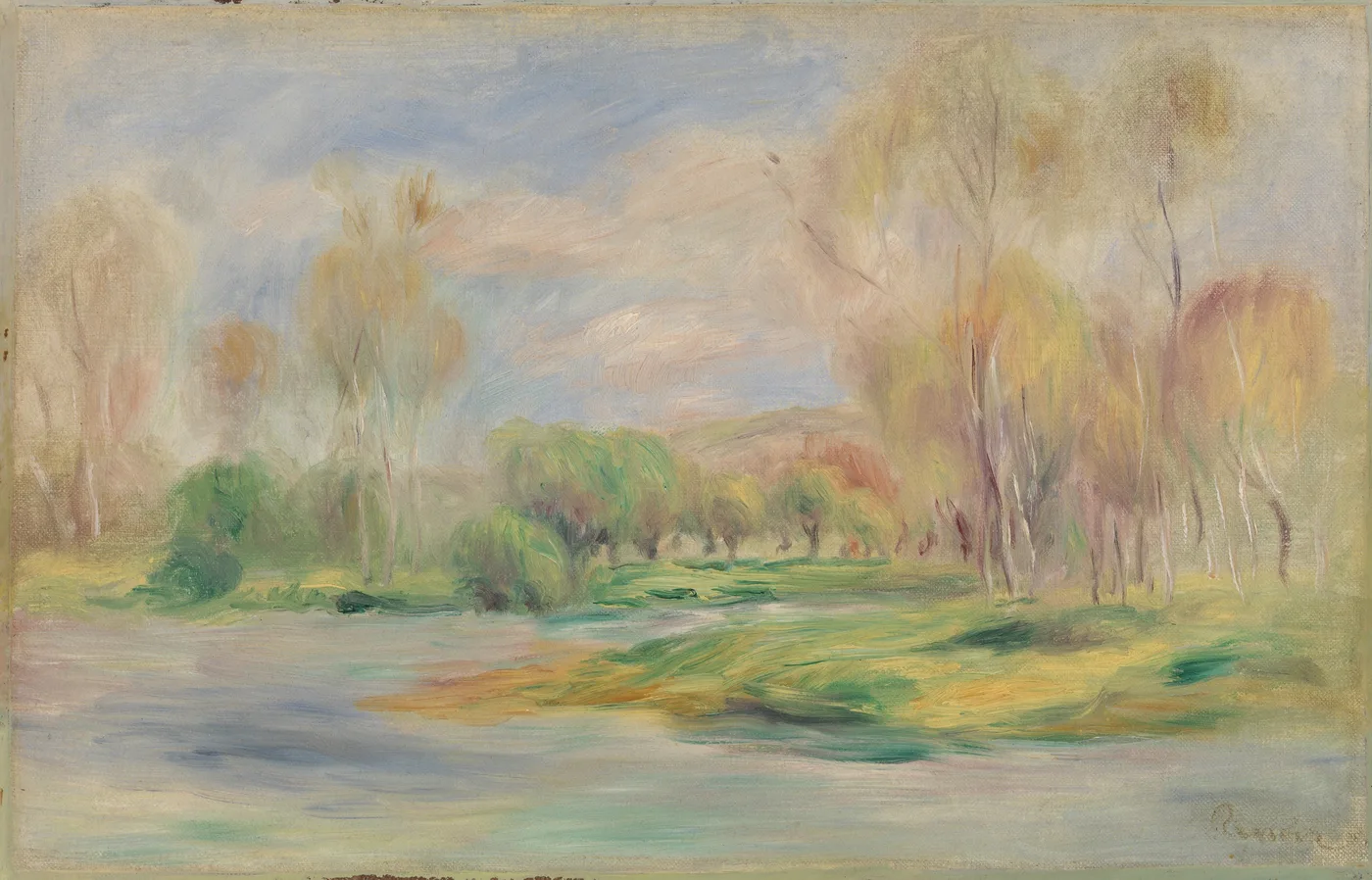 Slender trees in autumn gold and pink line a riverbank beside calm blue-green water under a pale sky.