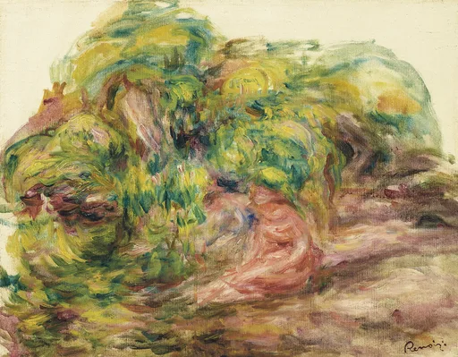 A loosely sketched garden scene with two barely defined figures amid dense green foliage on a sunlit path, in yellow, green and pink