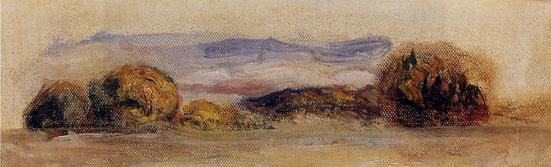 A loosely brushed landscape sketch of low bushes and a hazy horizon, in ochre, mauve and pale cream tones
