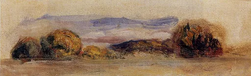 A loosely brushed landscape sketch of low bushes and a hazy horizon, in ochre, mauve and pale cream tones