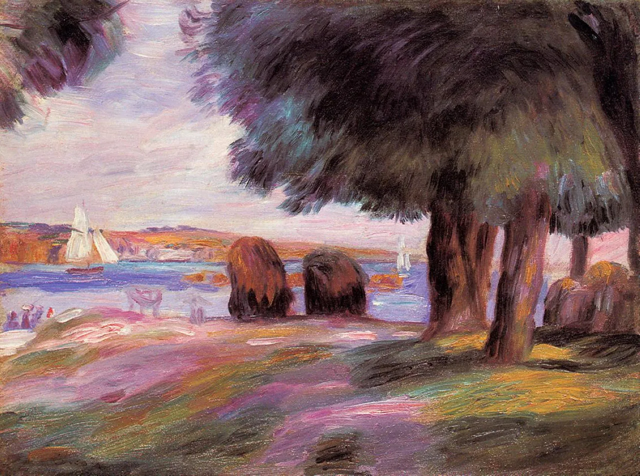 Dark trees shade a coastal view of two sailboats on blue water, hazy pink and purple hills in the distance.