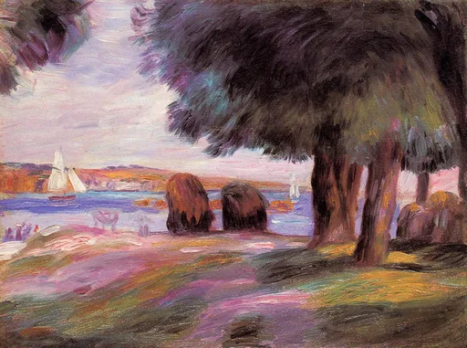 Dark trees shade a coastal view of two sailboats on blue water, hazy pink and purple hills in the distance.