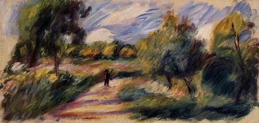 A small dark silhouette walks along a rust-coloured dirt path bordered by green shrubs, under a blue sky with clouds.