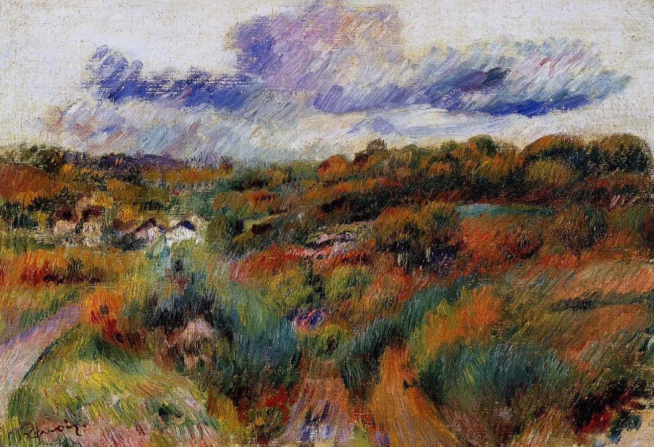 Dramatic blue-purple clouds hover over a moorland of rust and green shrubs, distant white cottages below.