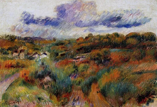 Dramatic blue-purple clouds hover over a moorland of rust and green shrubs, distant white cottages below.
