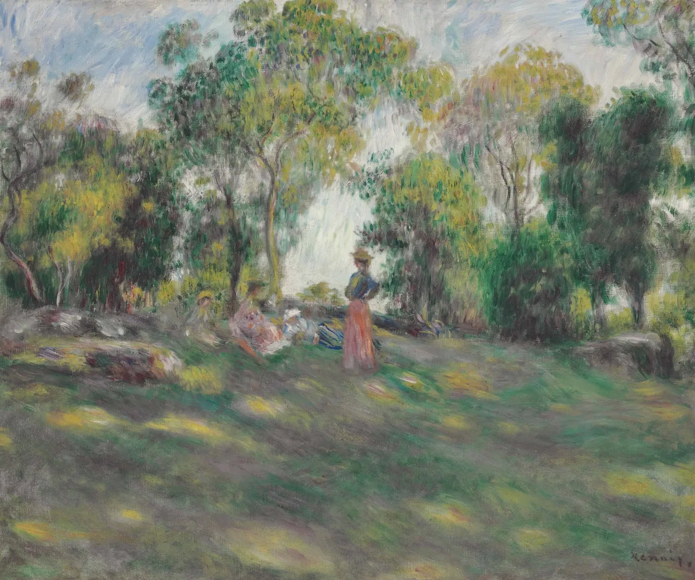 A woman in a coral skirt and straw hat stands on a dappled hillside, seated figures resting nearby among sunlit trees.