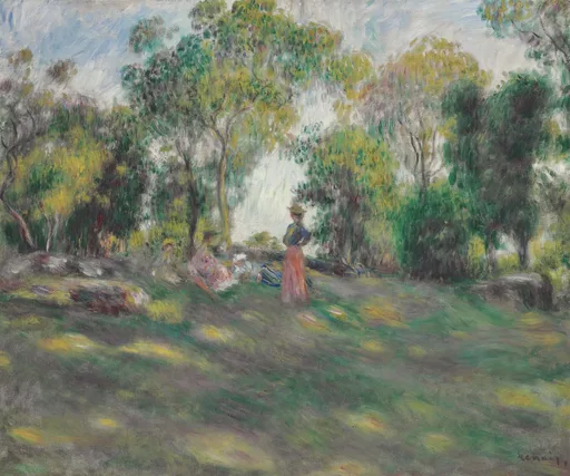 A woman in a coral skirt and straw hat stands on a dappled hillside, seated figures resting nearby among sunlit trees.