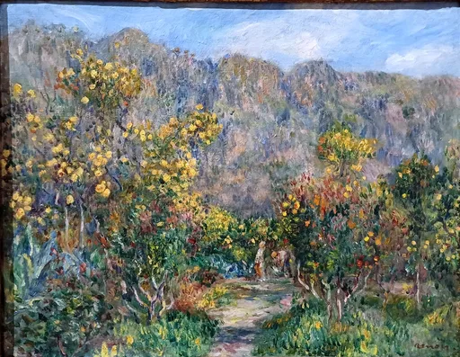 Yellow mimosa blossoms line a garden path before jagged grey mountains, small figures walking beneath a blue sky.