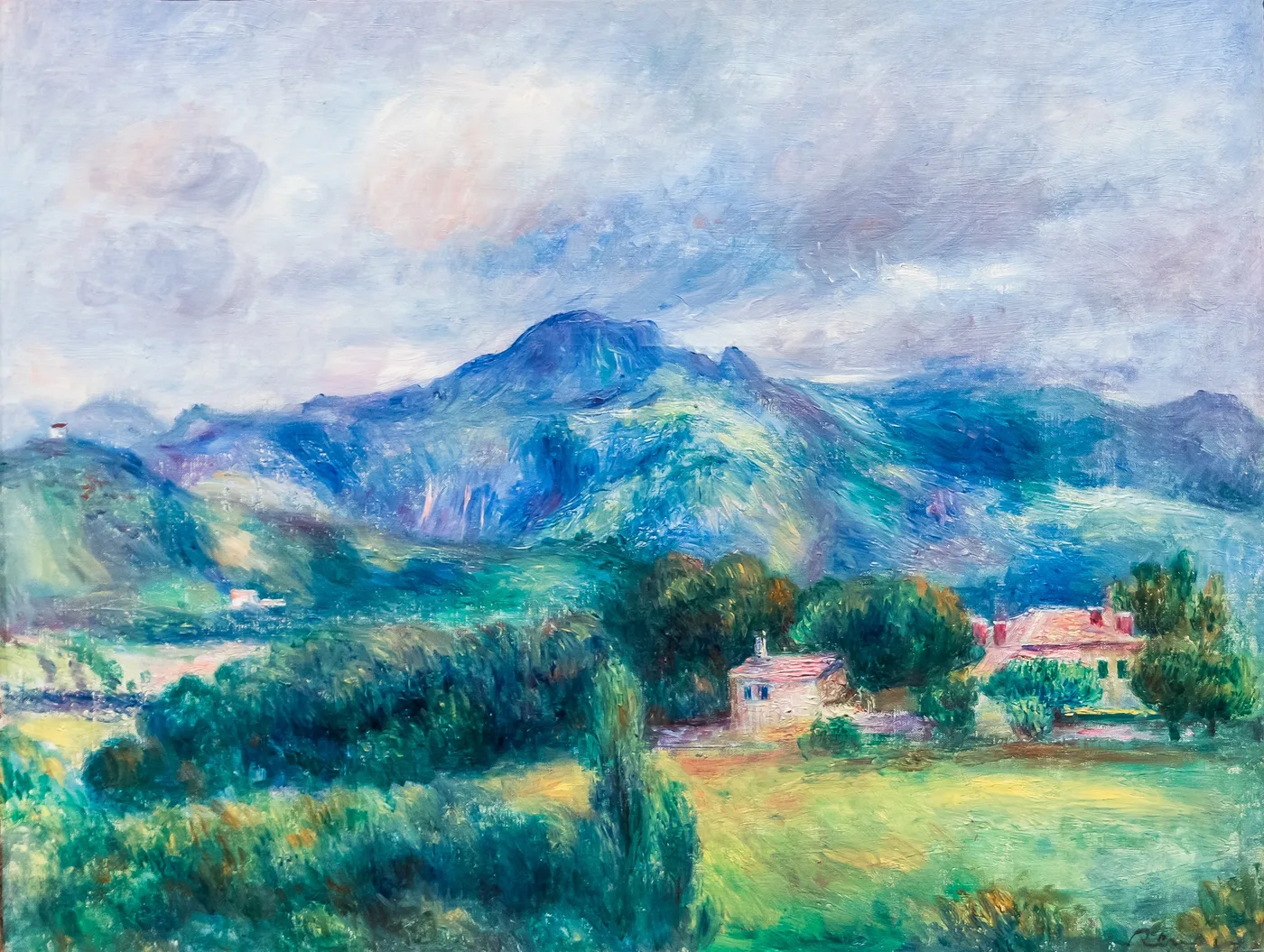 A blue mountain rising over red-roofed farmhouses and a green valley under a cloudy sky, in shades of blue, green, and soft pink.