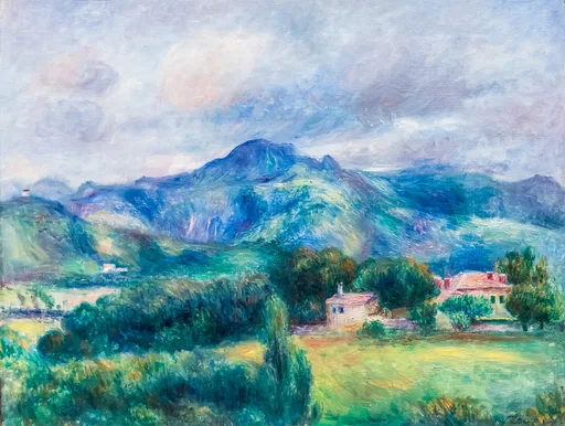 A blue mountain rising over red-roofed farmhouses and a green valley under a cloudy sky, in shades of blue, green, and soft pink.