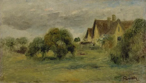 A farmhouse with a dark peaked roof stands among trees in a green meadow beneath a grey overcast sky.