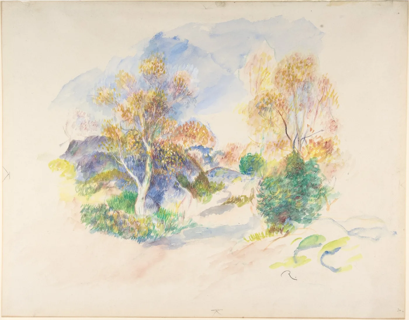 A pale watercolor sketch of a sandy path winding between two flowering trees and green bushes, washed in soft blue, peach, and light green.