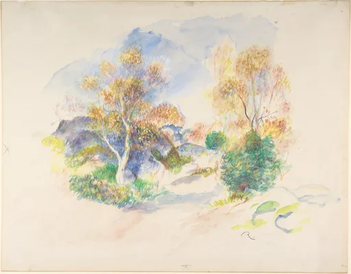 A pale watercolor sketch of a sandy path winding between two flowering trees and green bushes, washed in soft blue, peach, and light green.