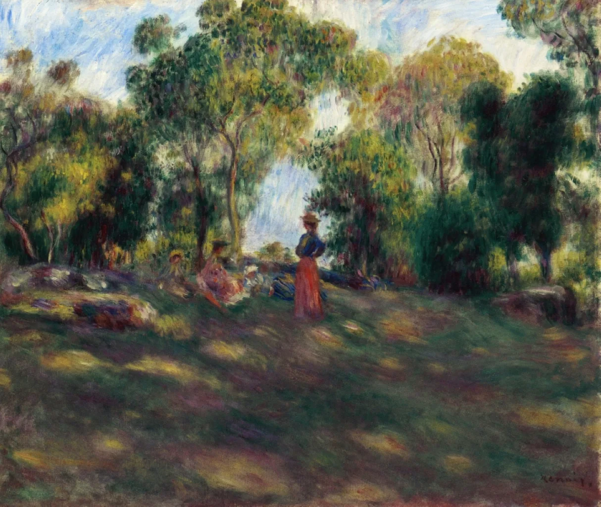 A woman in a red skirt and blue jacket stands on a sunlit grassy hillside, other women reclining in the shade nearby.