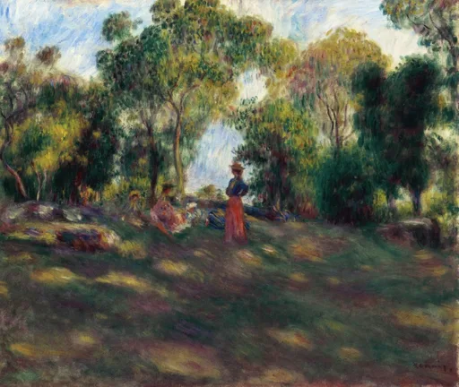 A woman in a red skirt and blue jacket stands on a sunlit grassy hillside, other women reclining in the shade nearby.