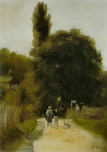 Figures and a dog walk a sandy lane past a wooden fence and tall trees, in deep green, tan, and pale sky tones.
