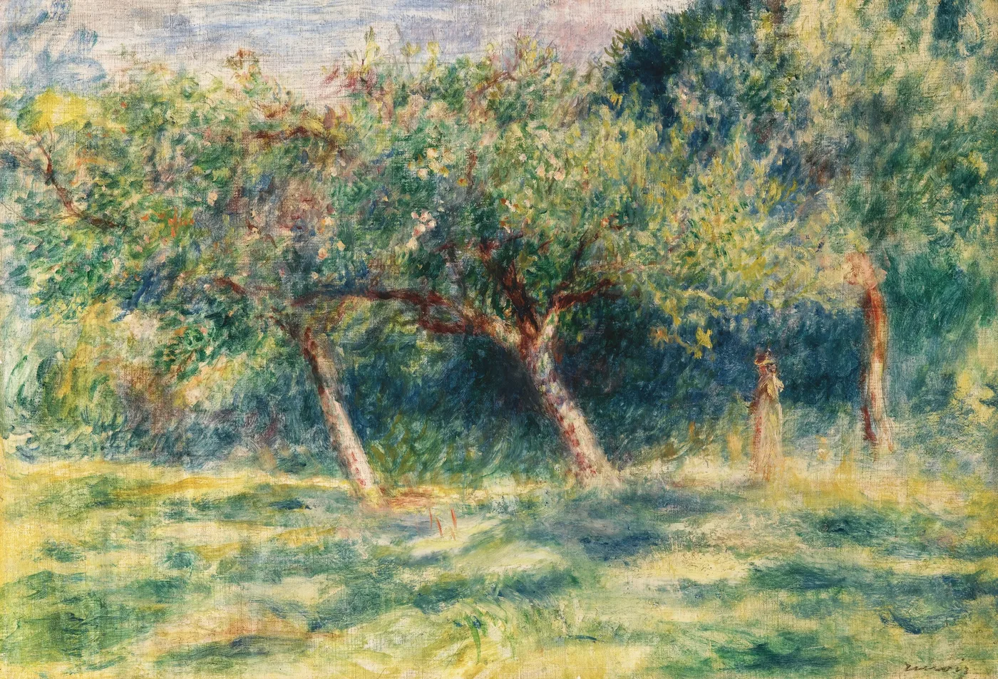 Two leaning blossoming trees stand in a sunlit meadow, a small figure visible at right in green and gold light.