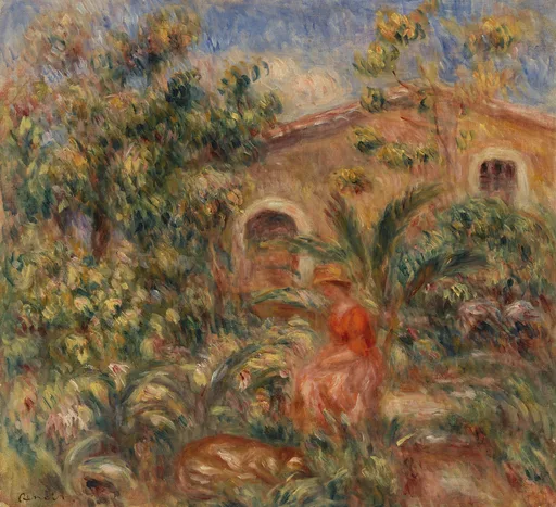A woman in a red-orange dress and straw hat sits in a lush garden, a reddish dog resting at her feet before an ochre farmhouse.