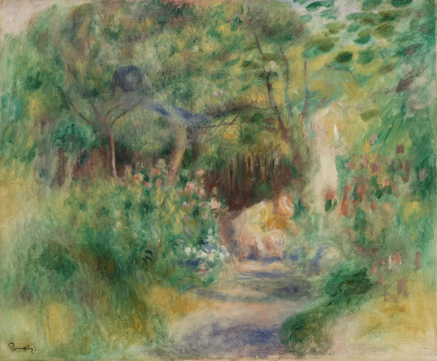 A dense flowering garden path winds beneath arching trees, a figure crouching among the greens and pinks.