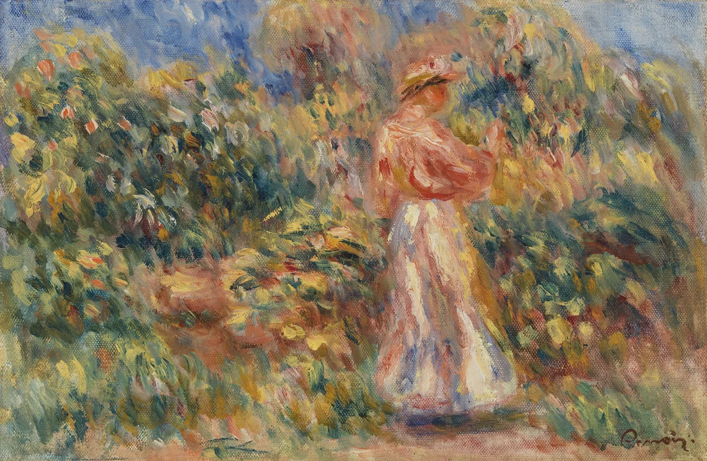 A woman in a pink blouse and white striped skirt stands picking flowers amid dense flowering shrubs.