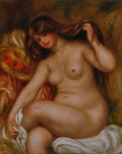 A seated nude bather with long auburn hair, twisting a lock in her hand beside white drapery, in warm flesh tones and golden ochre