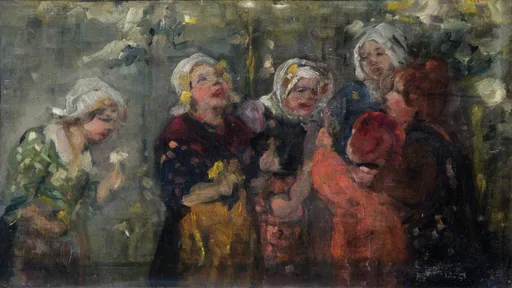 Six laughing peasant girls in white bonnets and dark folk dresses gather closely together, in muted greys and reds.
