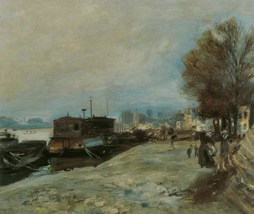 A moored laundry boat on a riverbank with small figures strolling a path beneath a bare autumn tree, in muted grey, brown, and beige tones