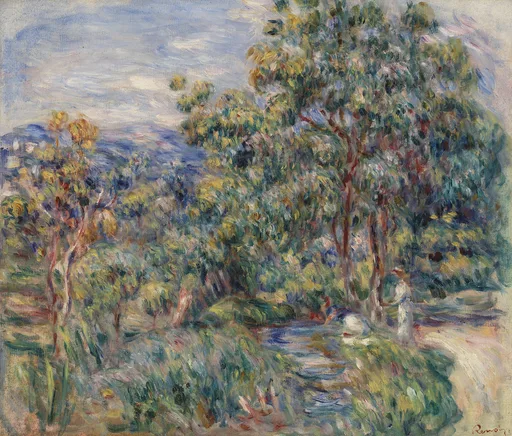A stream flows beneath trees where a woman in white stands near a crouching figure, blue mountains in the distance.
