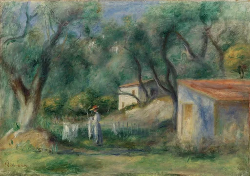 A woman in a white dress and red hat hangs washing on a line by white cottages with red-tiled roofs, among gnarled olive trees.