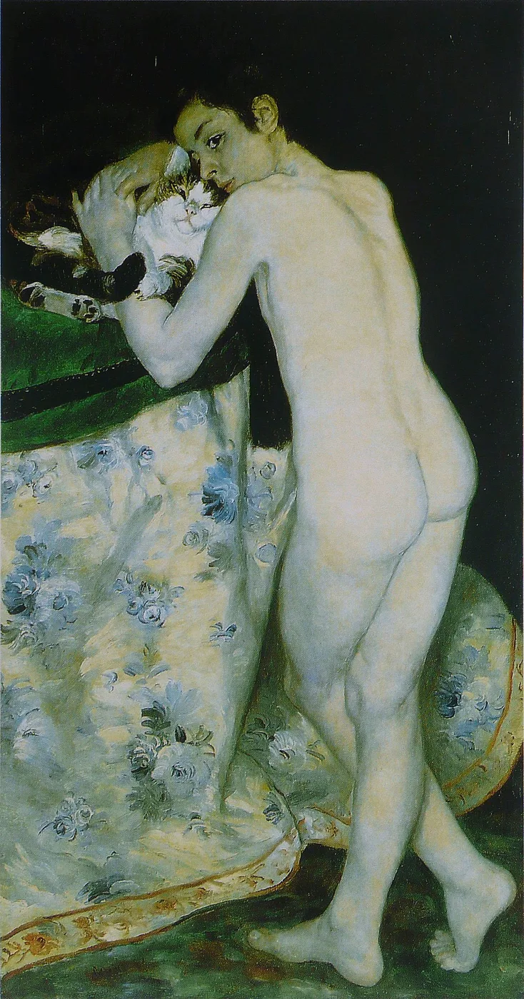 A nude boy seen from behind leaning over a chair to embrace a cat, on floral upholstery against a dark background, in pale flesh and blue-green tones