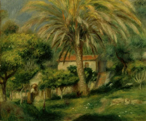A towering palm tree shades a white villa with a red-tiled roof, a small figure with a parasol on the garden path.