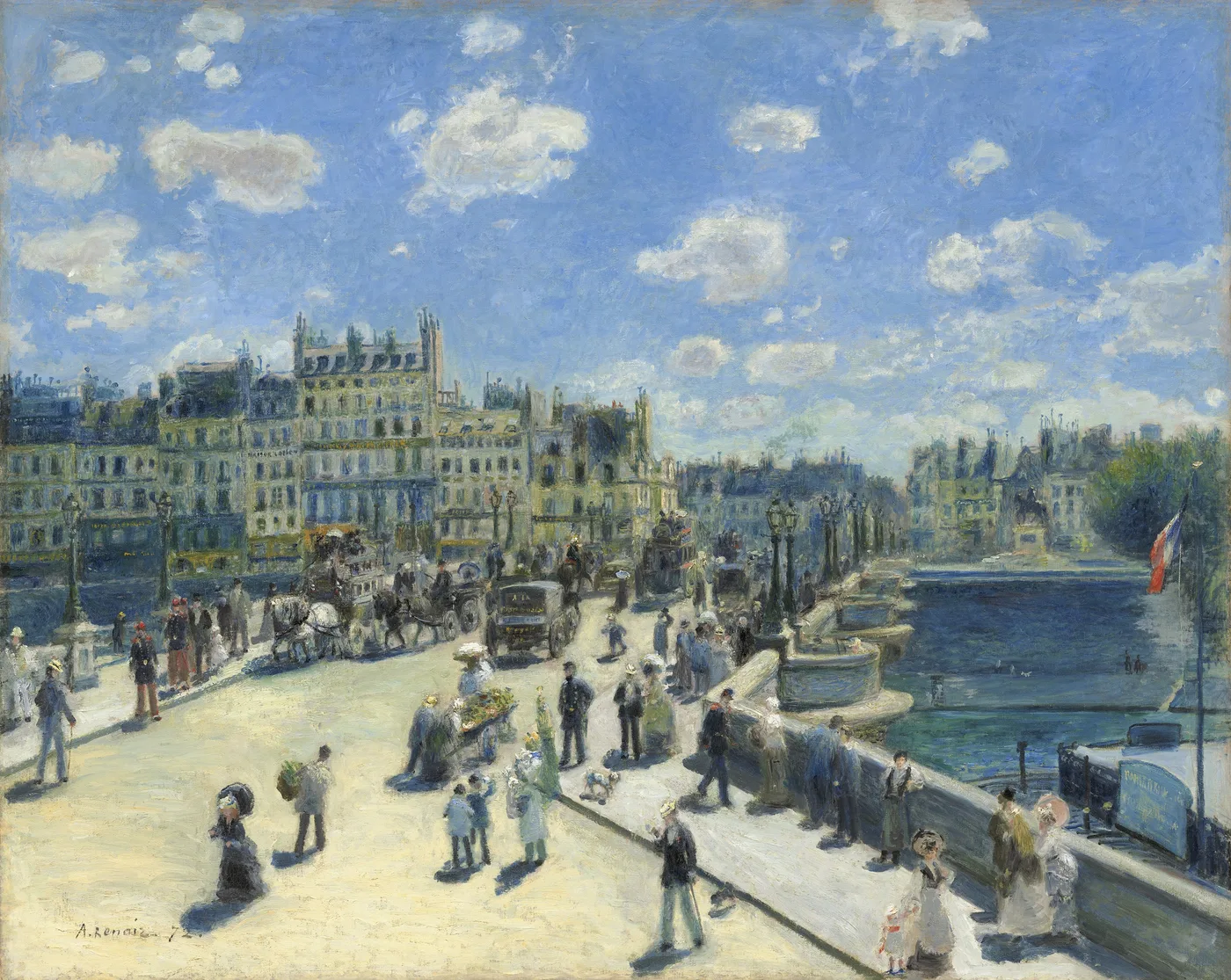 A busy Parisian bridge crowded with pedestrians and carriages beside the Seine under a bright cloudy sky, in blue, white, and cream