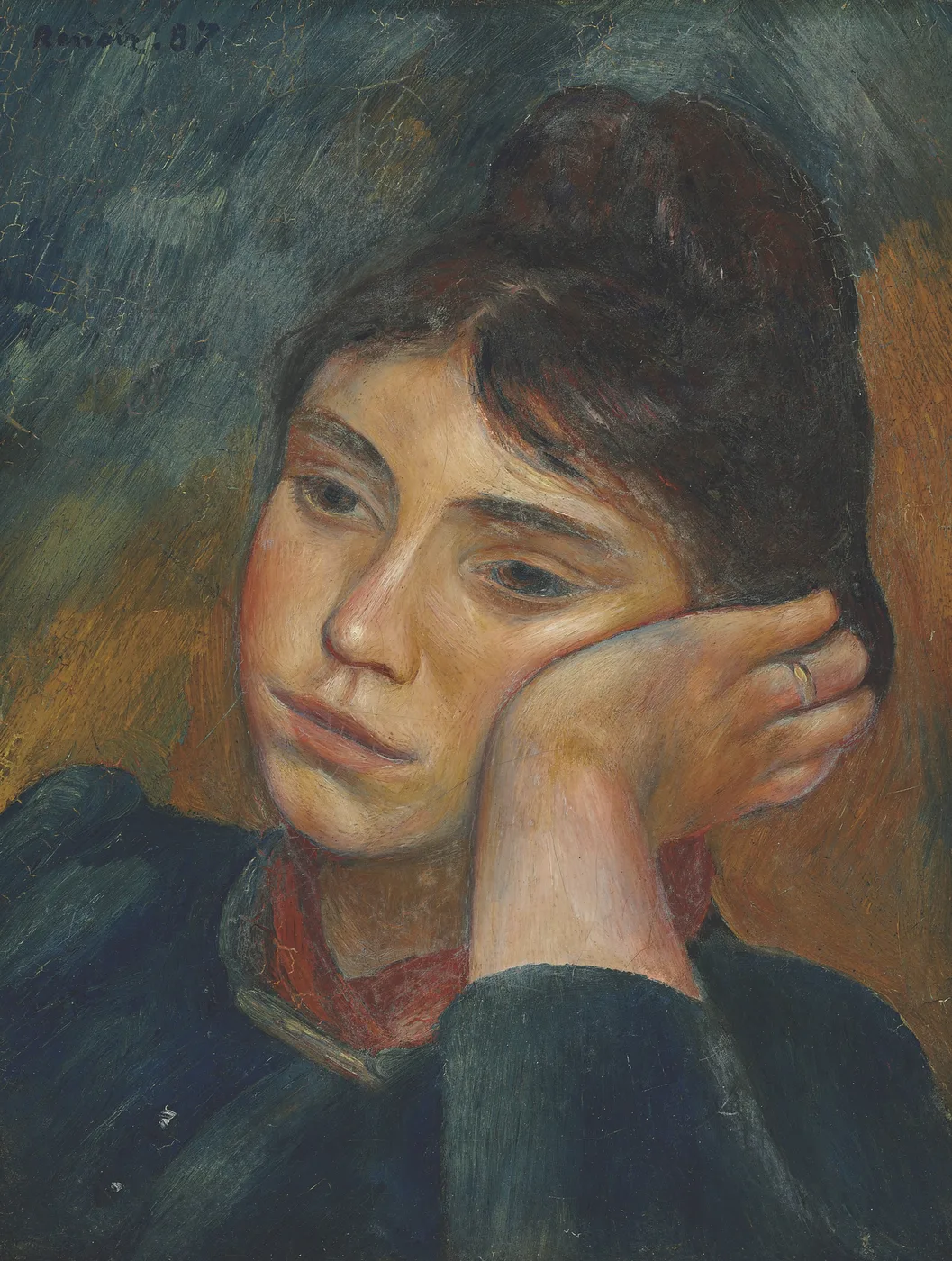 A pensive woman resting her chin on her hand, dark hair pinned up, in warm flesh tones against slate blue