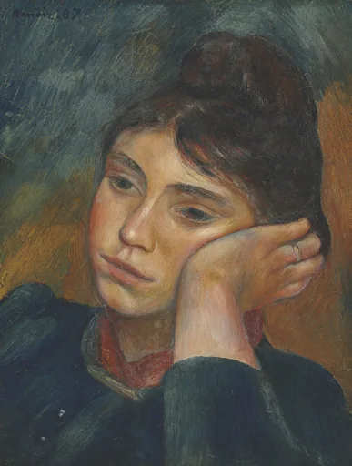 A pensive woman resting her chin on her hand, dark hair pinned up, in warm flesh tones against slate blue